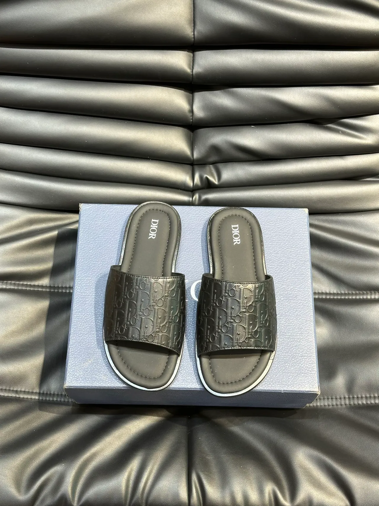 Dior Slide Black Blue Monogrammed Strap Embossed Logo Slippers 11
