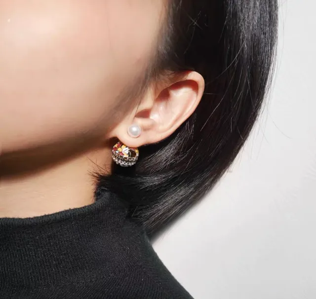 Dior Tribales Gold-Tone Multicolor Enamel and Pearl Stud Earrings 5