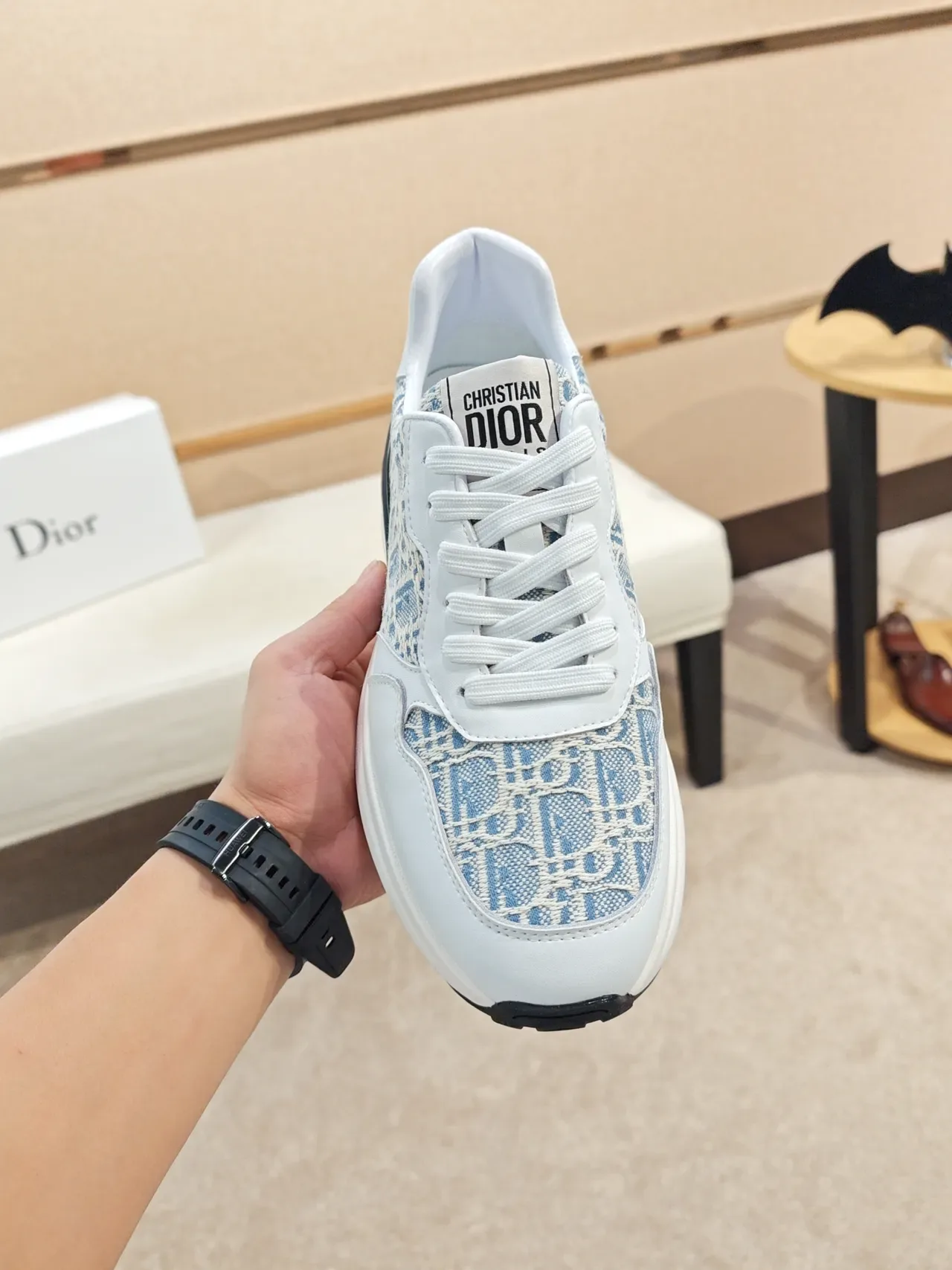 Dior White Blue Monogrammed Textile Leather Overlays Chunky Sneakers 5