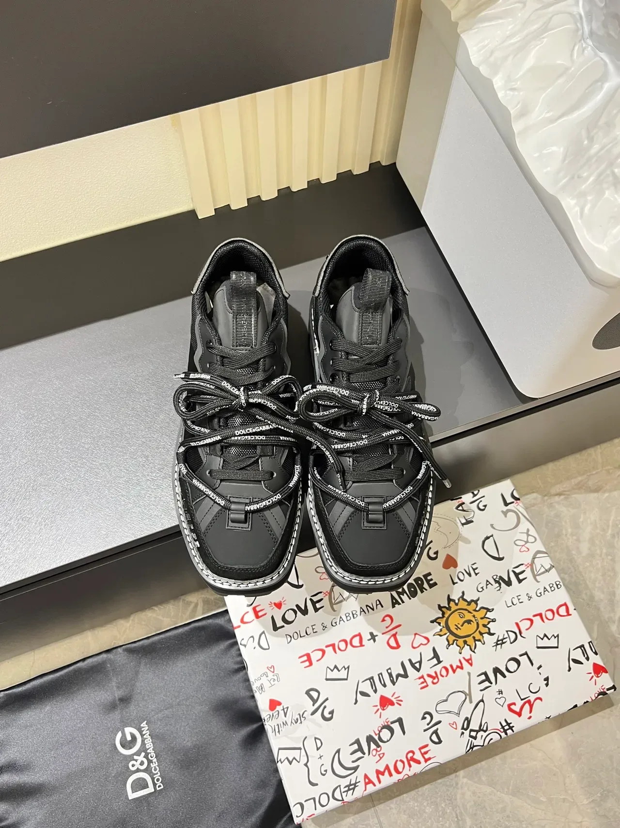 Dolce & Gabbana أسود أبيض كعب منصة سميك وجه علوي من مواد مختلطة أحذية رياضية أسلوب حياة 5