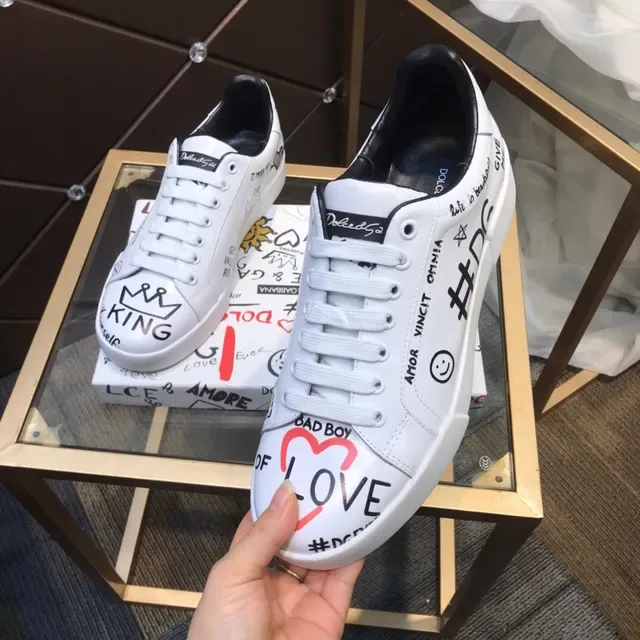 Dolce & Gabbana White Black Hand-Drawn Graffiti Graphics Leather Upper Lifestyle Sneakers 3