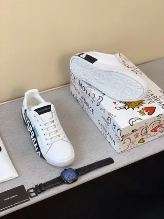 Dolce & Gabbana Tênis Lifestyle de Couro Branco e Preto com Logo na Banda Lateral 3