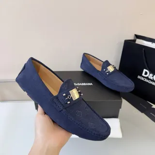 Dolce & Gabbana Portofino Navy Gold Suede Embossed Monogram Loafer
