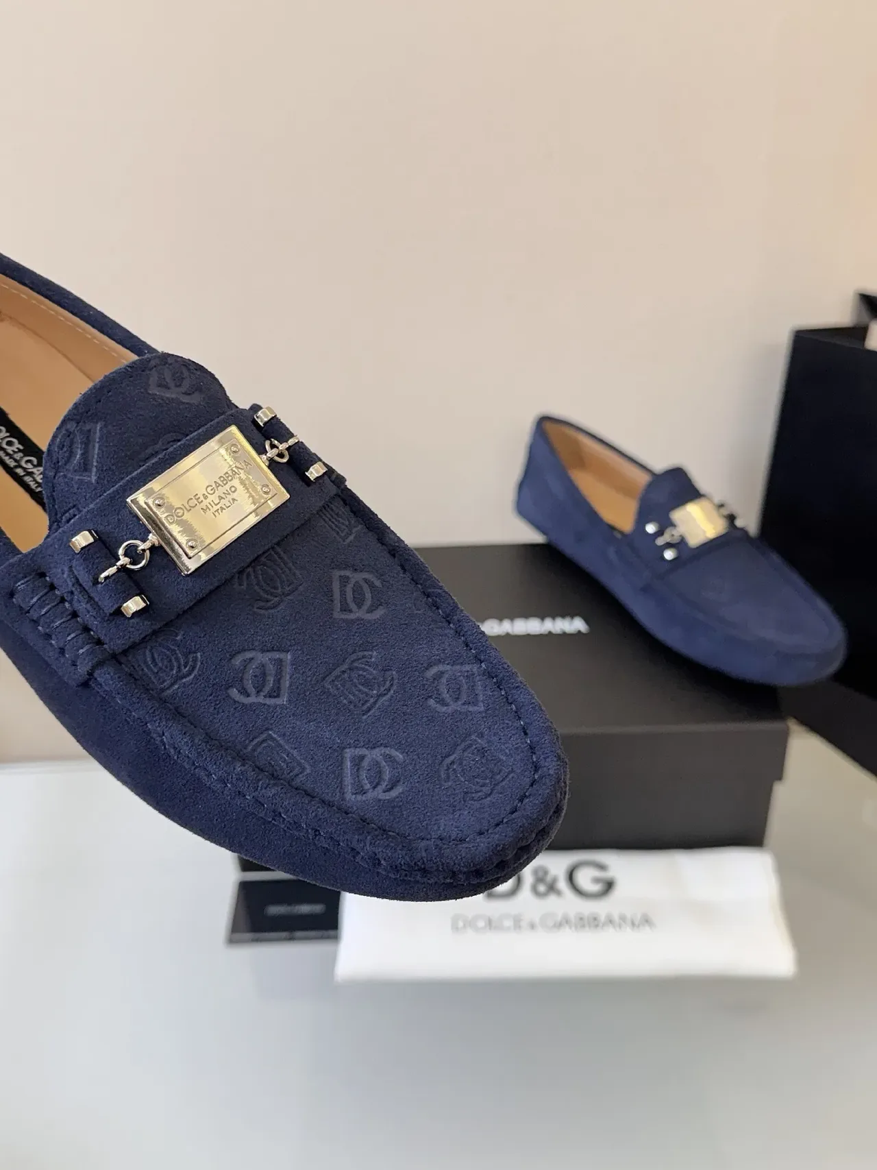 Loafers Dolce & Gabbana Portofino Bleu marine Or Daim Monogramme estampé 3