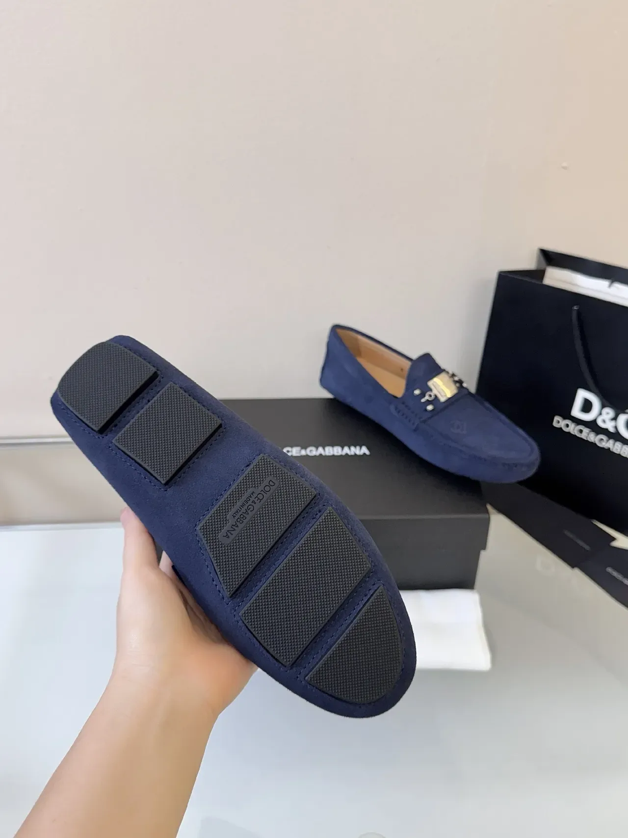 Loafers Dolce & Gabbana Portofino Bleu marine Or Daim Monogramme estampé 5