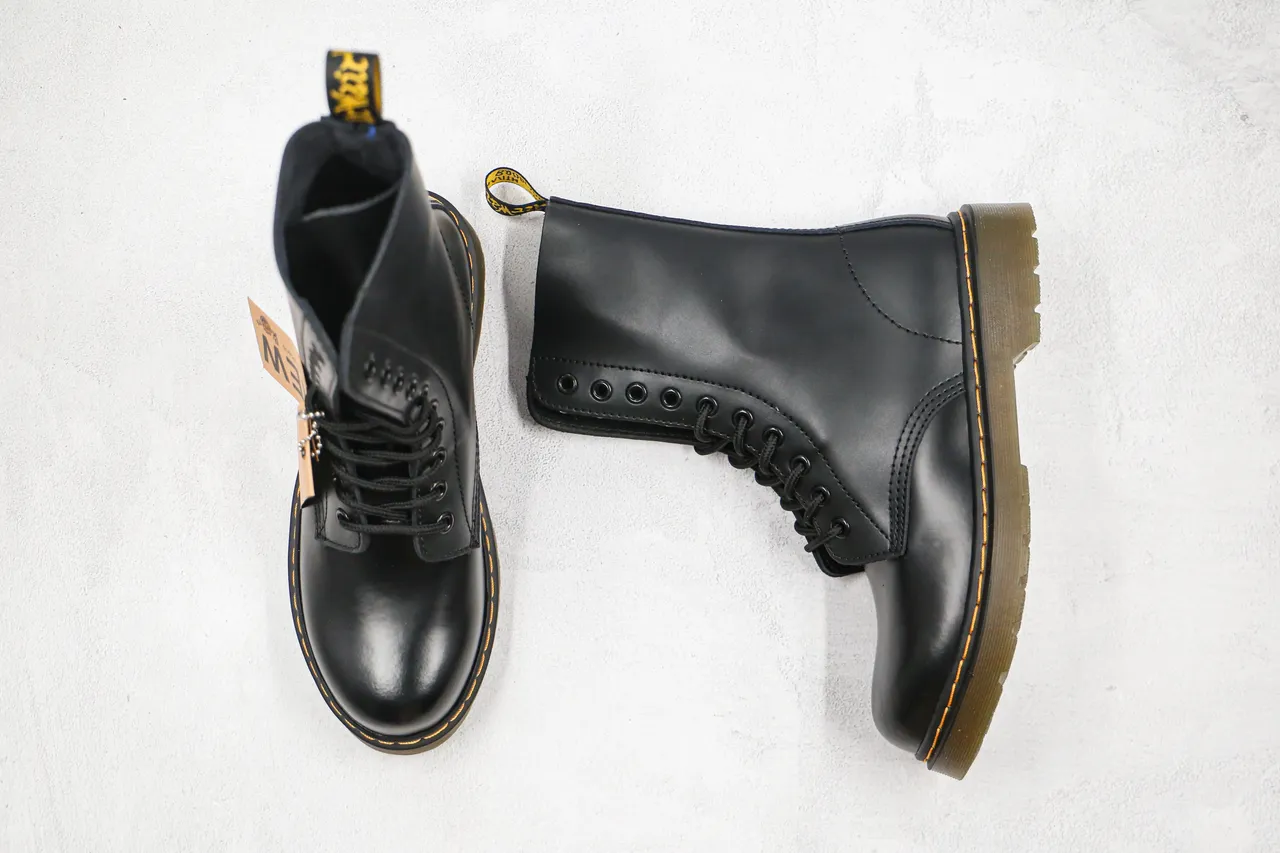 Dr. Martens 1460 Black Smooth Leather Yellow Stitch Martin Boots 9