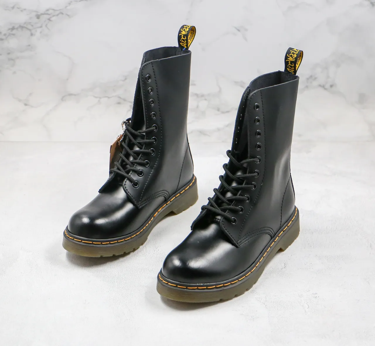 Dr. Martens 1460 Black Smooth Leather Yellow Stitch Martin Boots 10