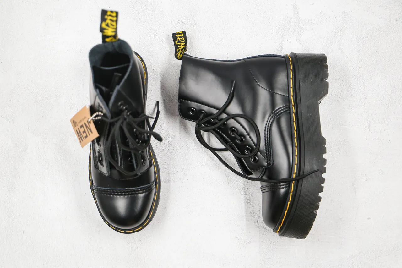 Dr. Martens Jadon Botas Martin Negro Amarillo Suela Plataforma Punta Cuadrada 8