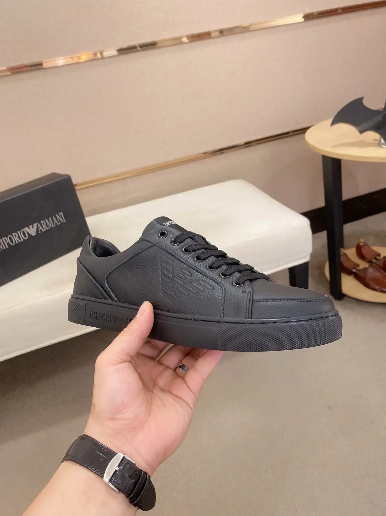 Emporio Armani Black Leather Eagle Logo Lifestyle Sneakers 5