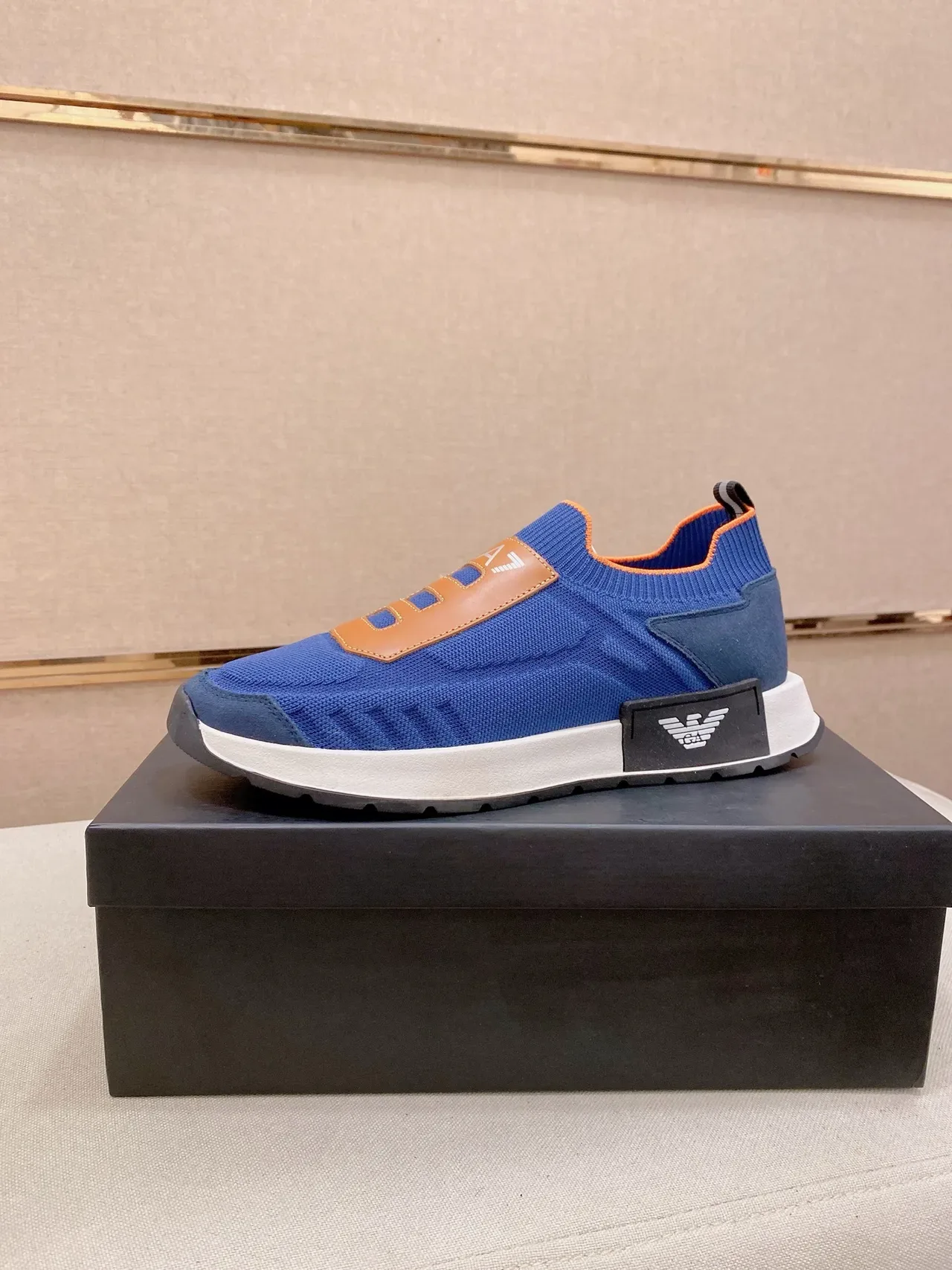 Emporio Armani Blue Brown Knit Slip-On Color-Blocked Sneakers 1