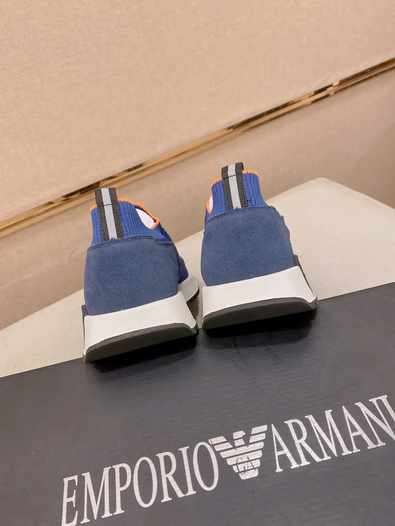 Emporio Armani Blue Brown Knit Slip-On Color-Blocked Sneakers 3