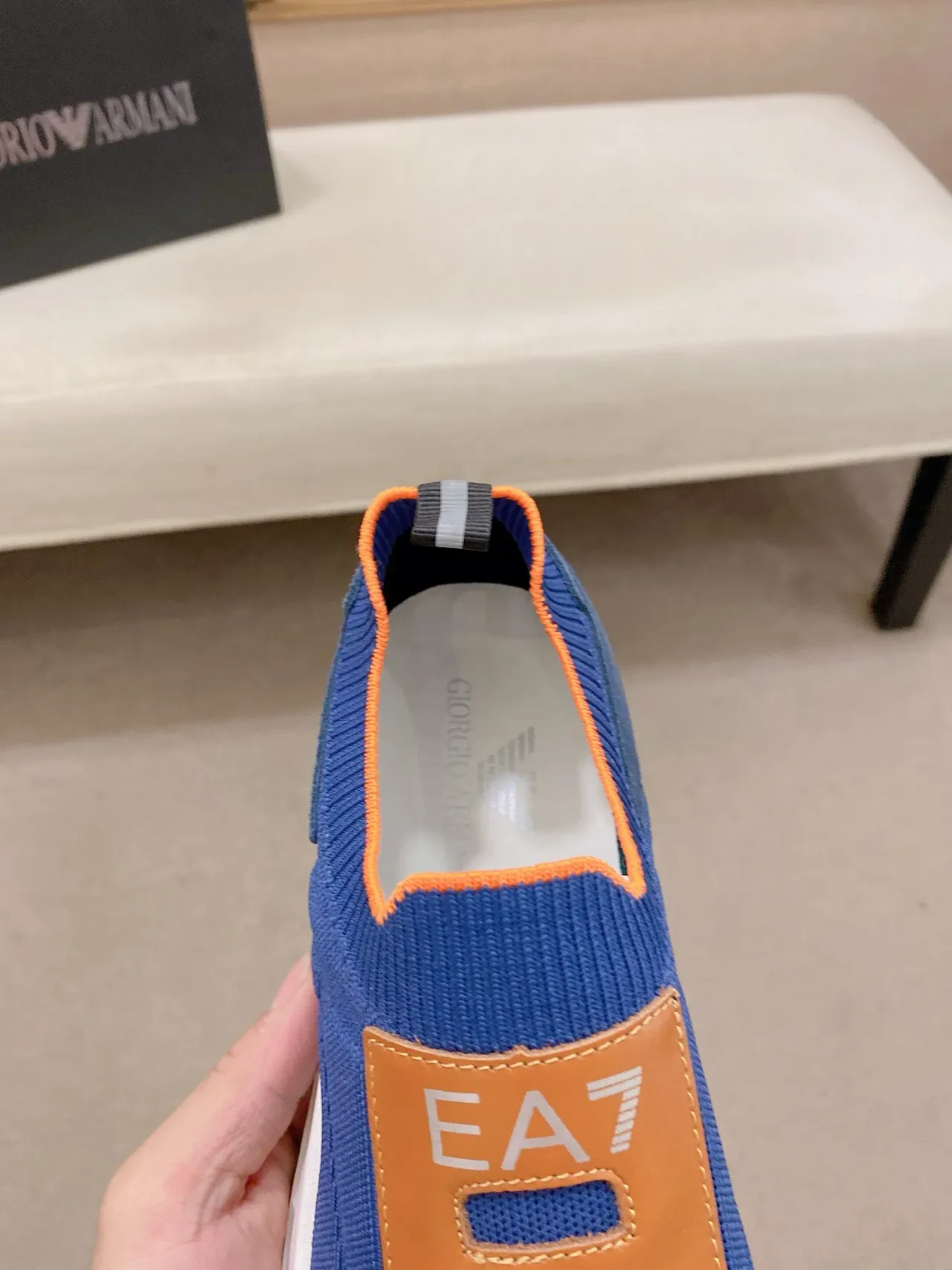 Emporio Armani Blue Brown Knit Slip-On Color-Blocked Sneakers 4