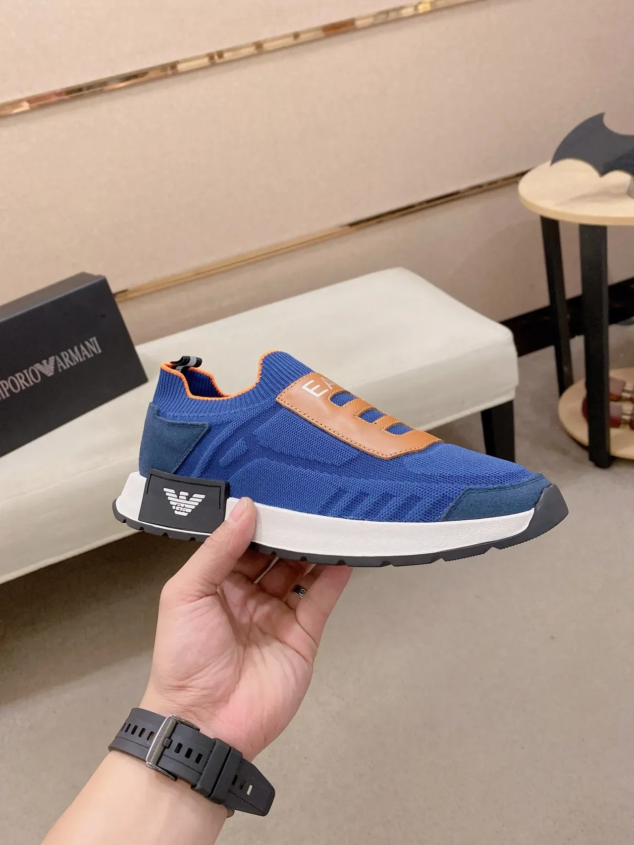 Emporio Armani Blue Brown Knit Slip-On Color-Blocked Sneakers 5