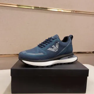 Emporio Armani Blue White Grid-Textured Mesh Upper Sculpted Midsole Sneakers