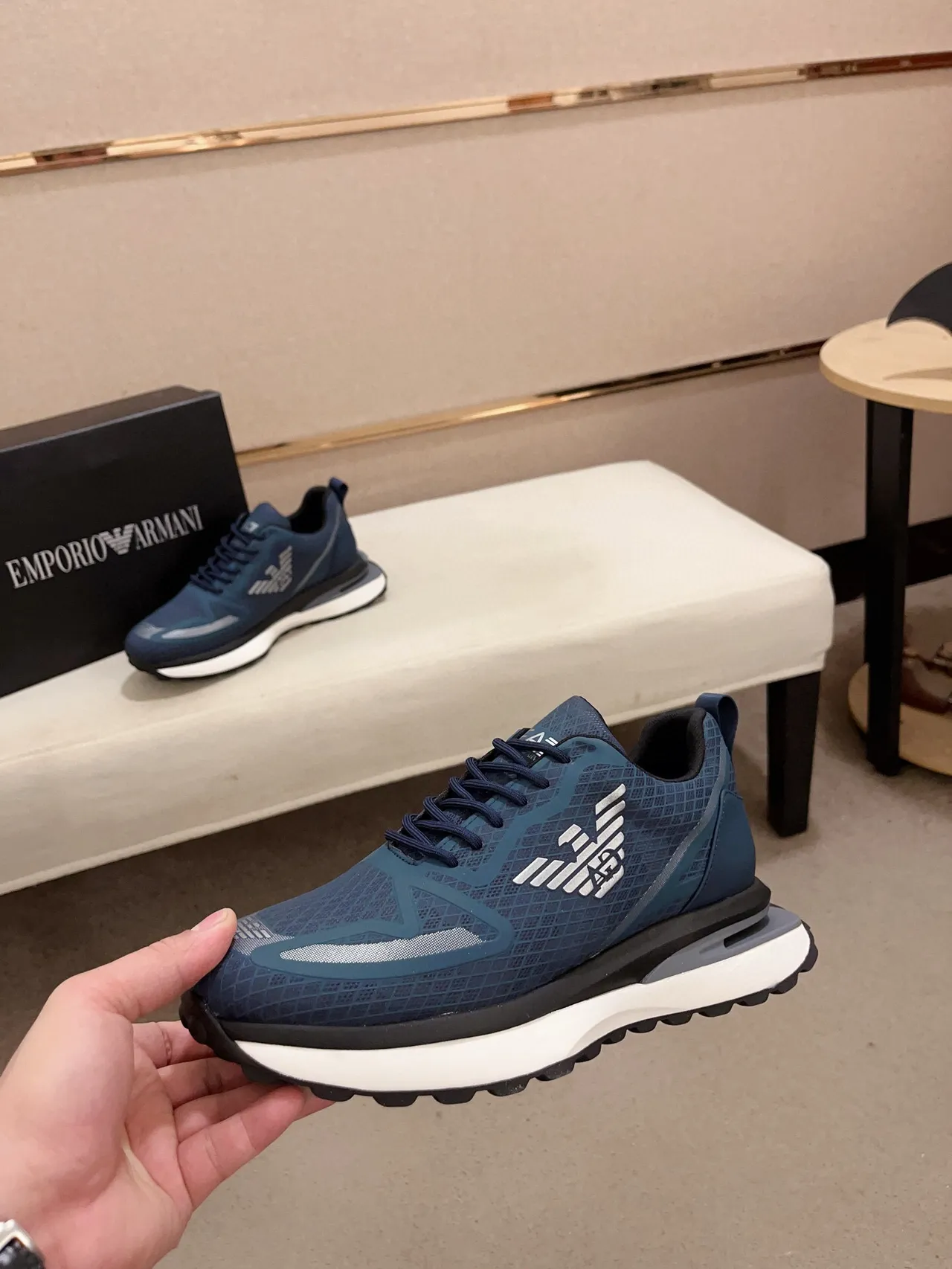 Emporio Armani Blue White Grid-Textured Mesh Upper Sculpted Midsole Sneakers 3