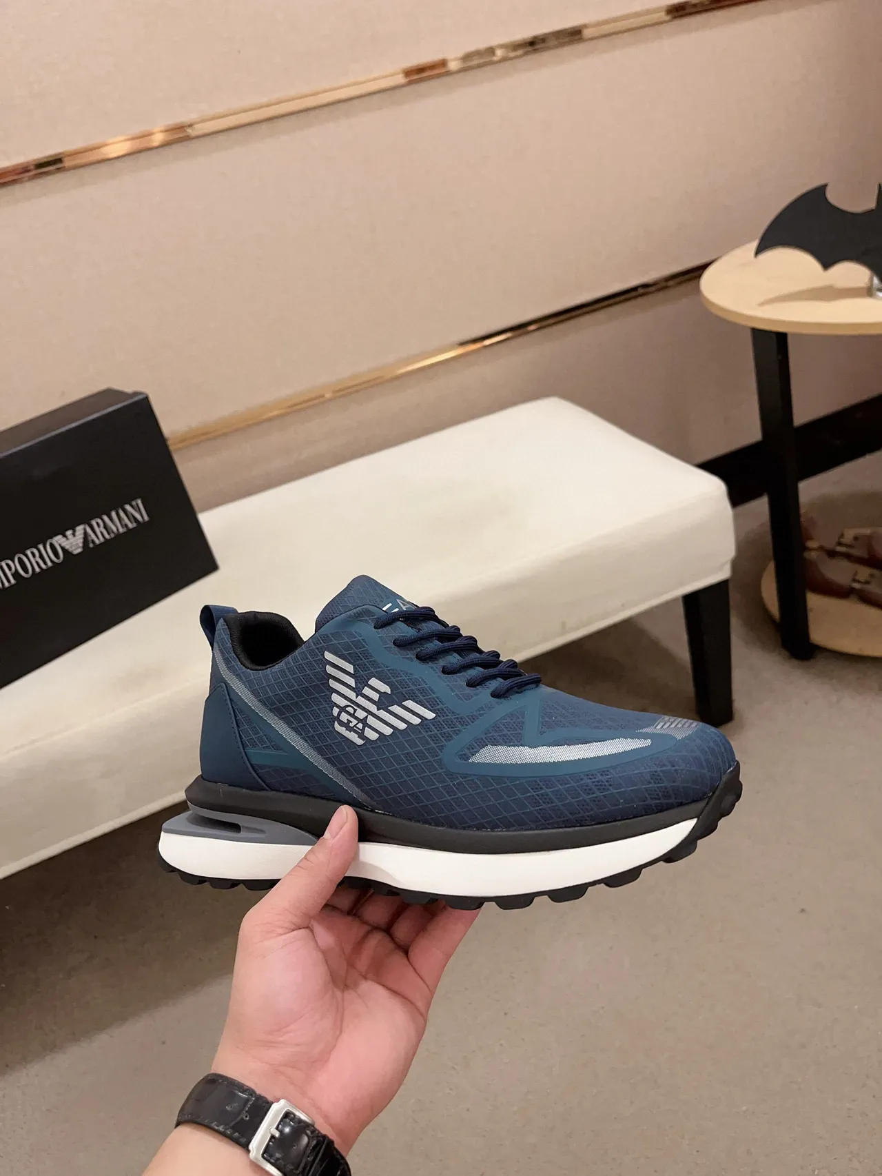 Emporio Armani Blue White Grid-Textured Mesh Upper Sculpted Midsole Sneakers 4