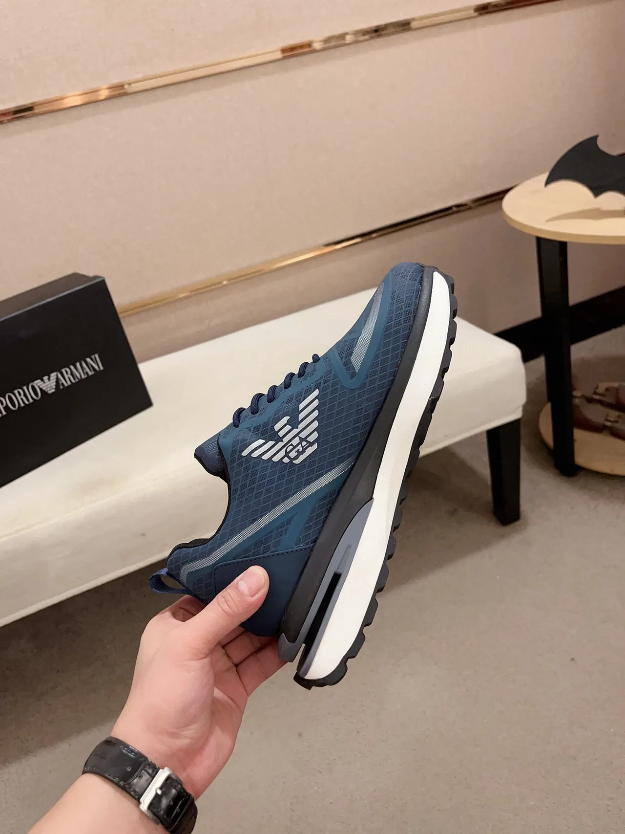 Emporio Armani Blue White Grid-Textured Mesh Upper Sculpted Midsole Sneakers 5
