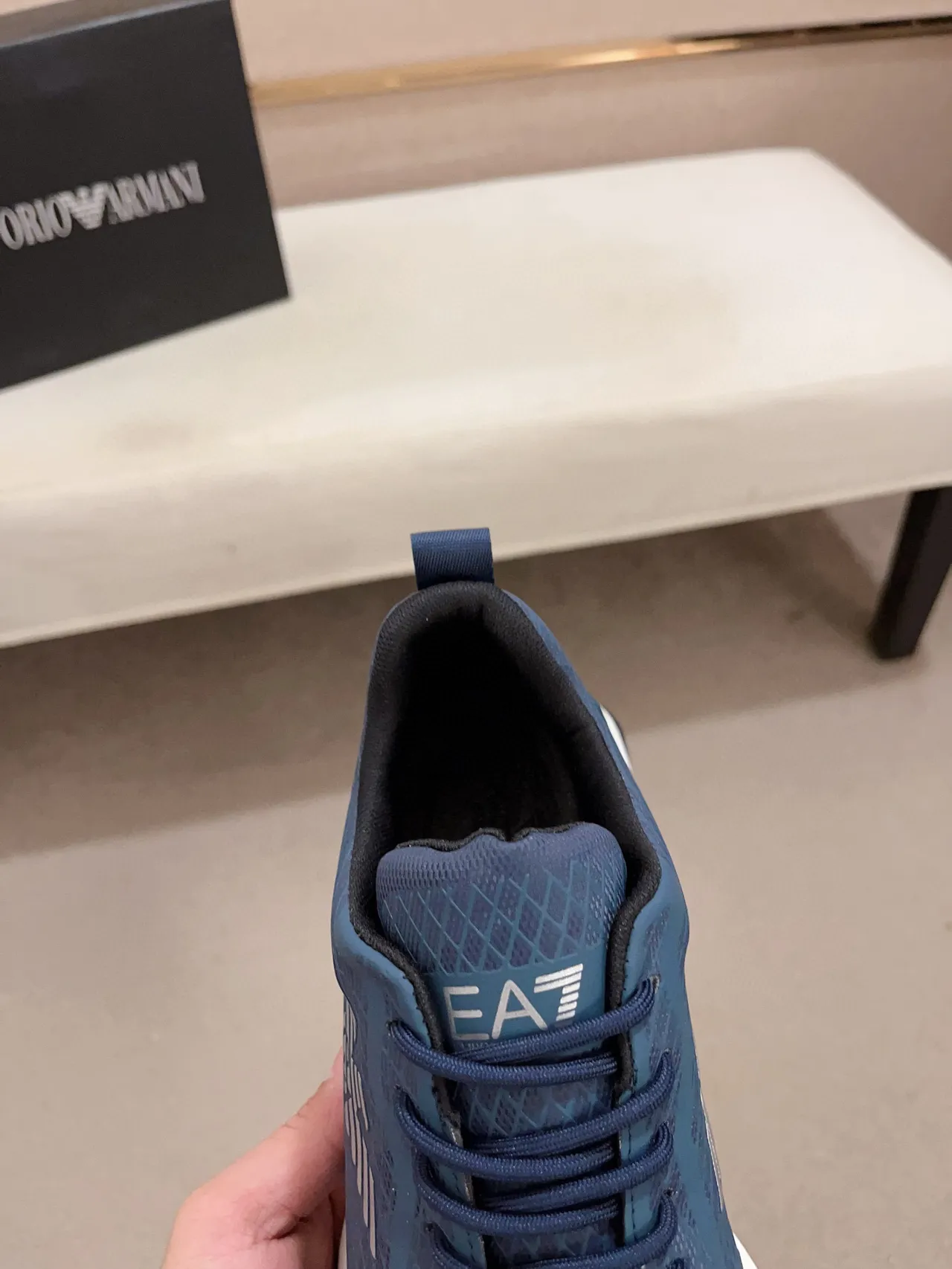 Emporio Armani Blue White Grid-Textured Mesh Upper Sculpted Midsole Sneakers 6