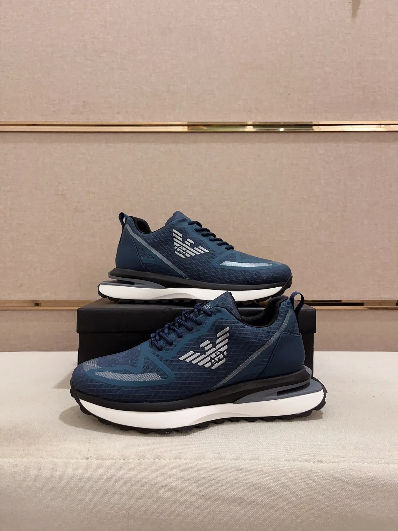 Emporio Armani Blue White Grid-Textured Mesh Upper Sculpted Midsole Sneakers 7