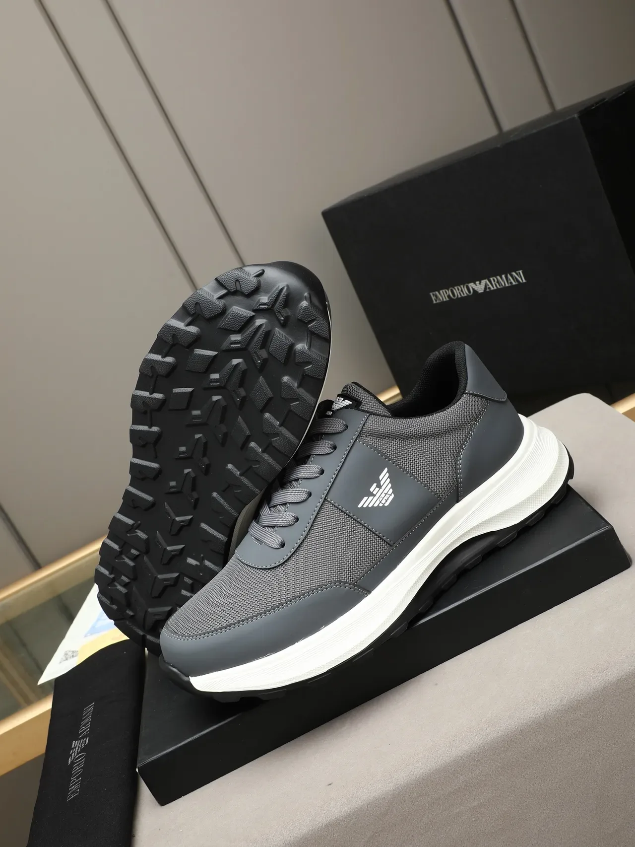 Emporio Armani Gray Mesh and Synthetic Eagle Logo Lifestyle Sneakers 5