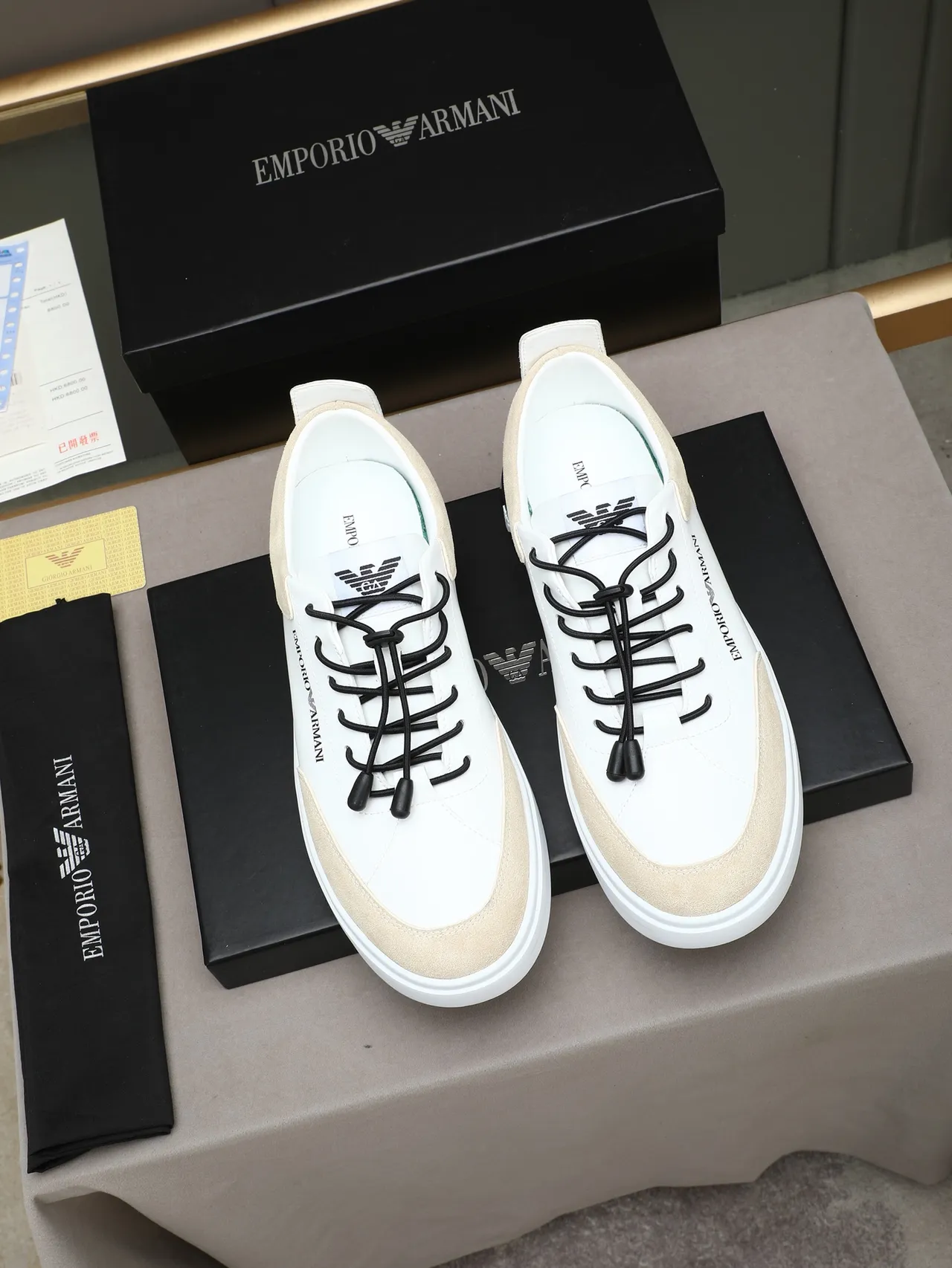 Emporio Armani White and Beige Suede Panel Lifestyle Sneakers 3