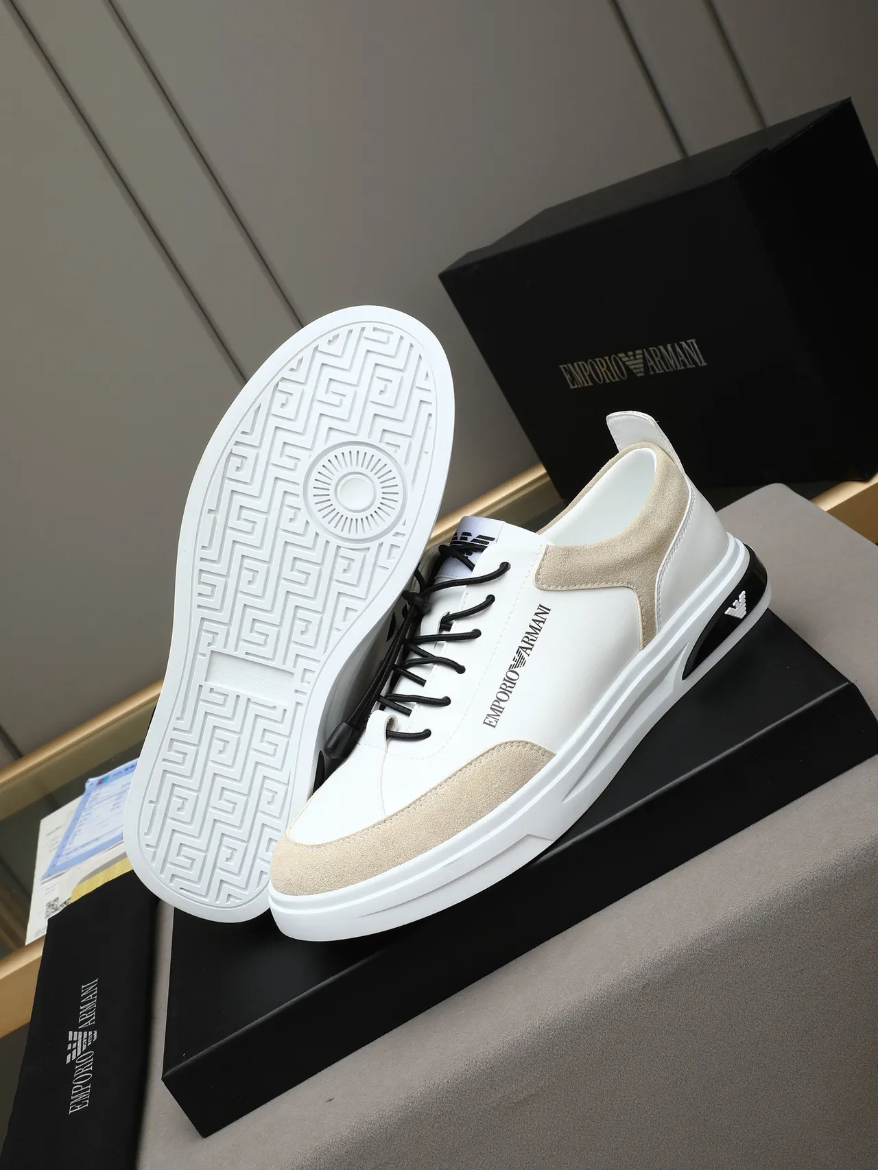 Emporio Armani White and Beige Suede Panel Lifestyle Sneakers 5