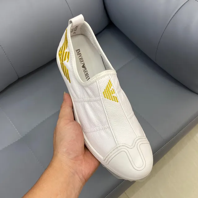 Emporio Armani Chaussure loafers cuir slip-on logo aigle blanc or 4