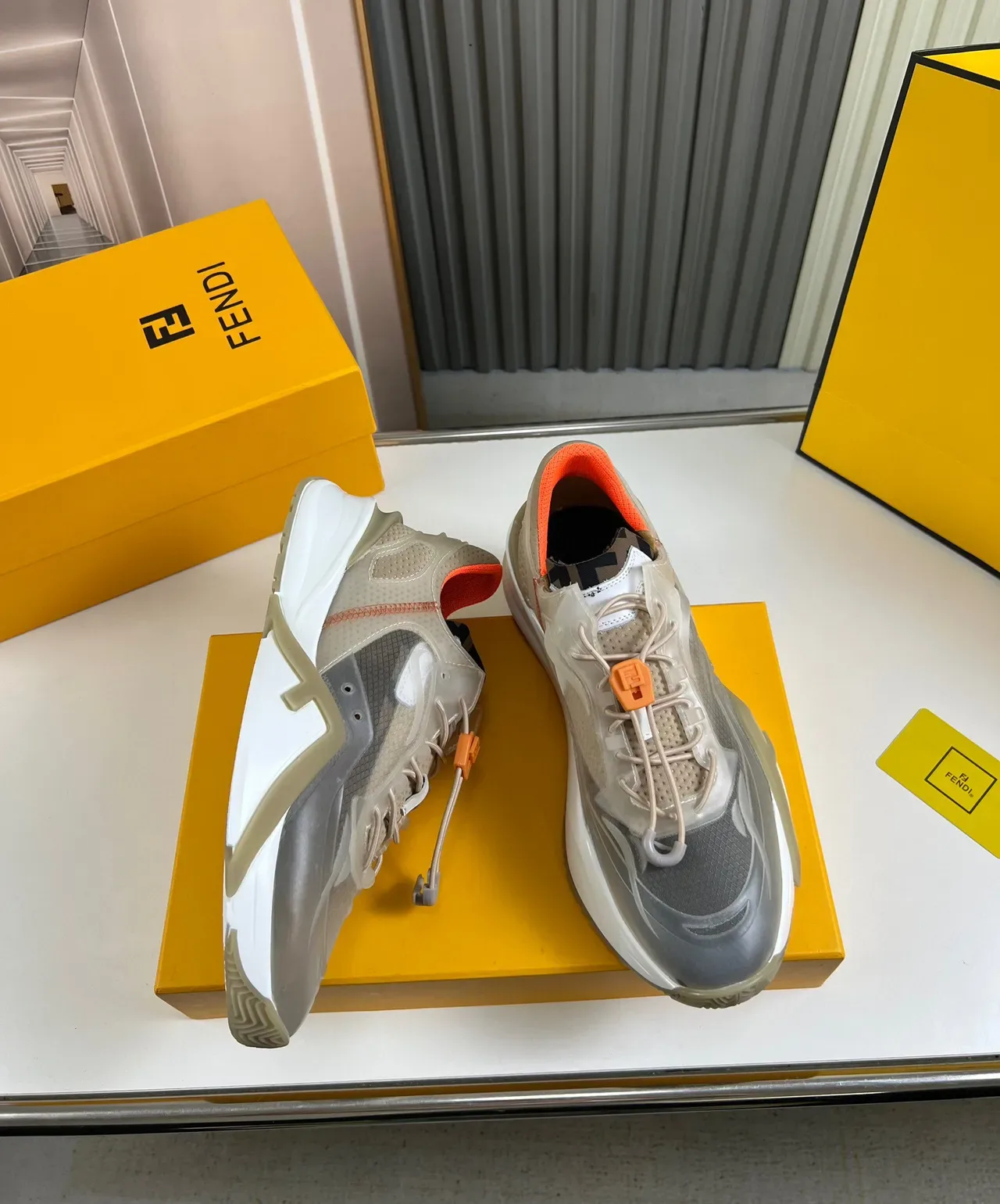 Fendi Beige Orange Translucent Overlay Mesh Upper Sneakers 5