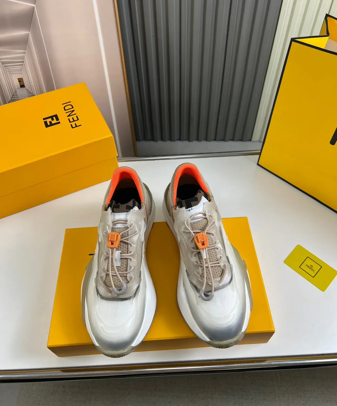 Fendi Beige Orange Translucent Overlay Mesh Upper Sneakers 9