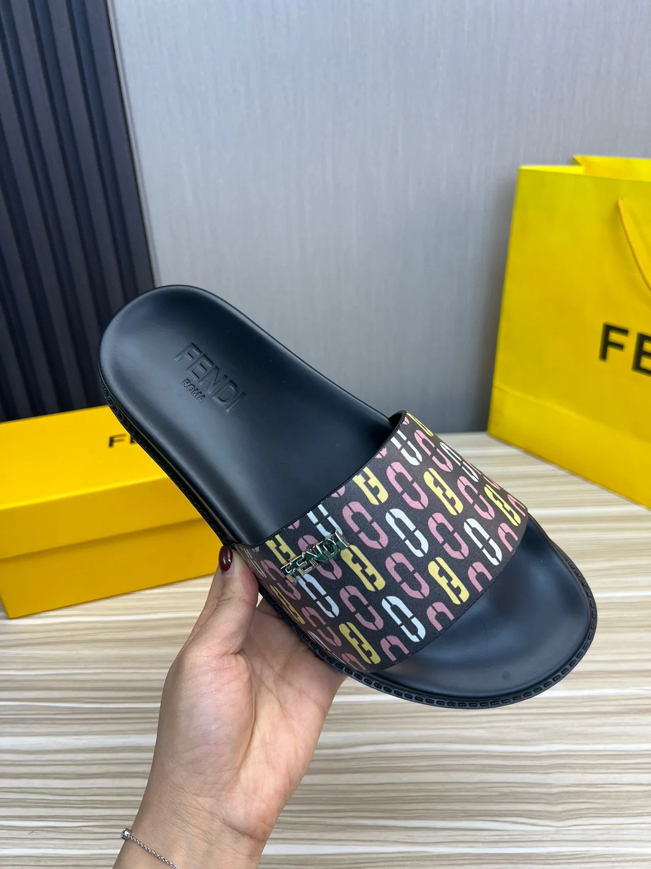 Fendi Black Multicolor Monogram Strap Metal Logo Plaque Slippers 1