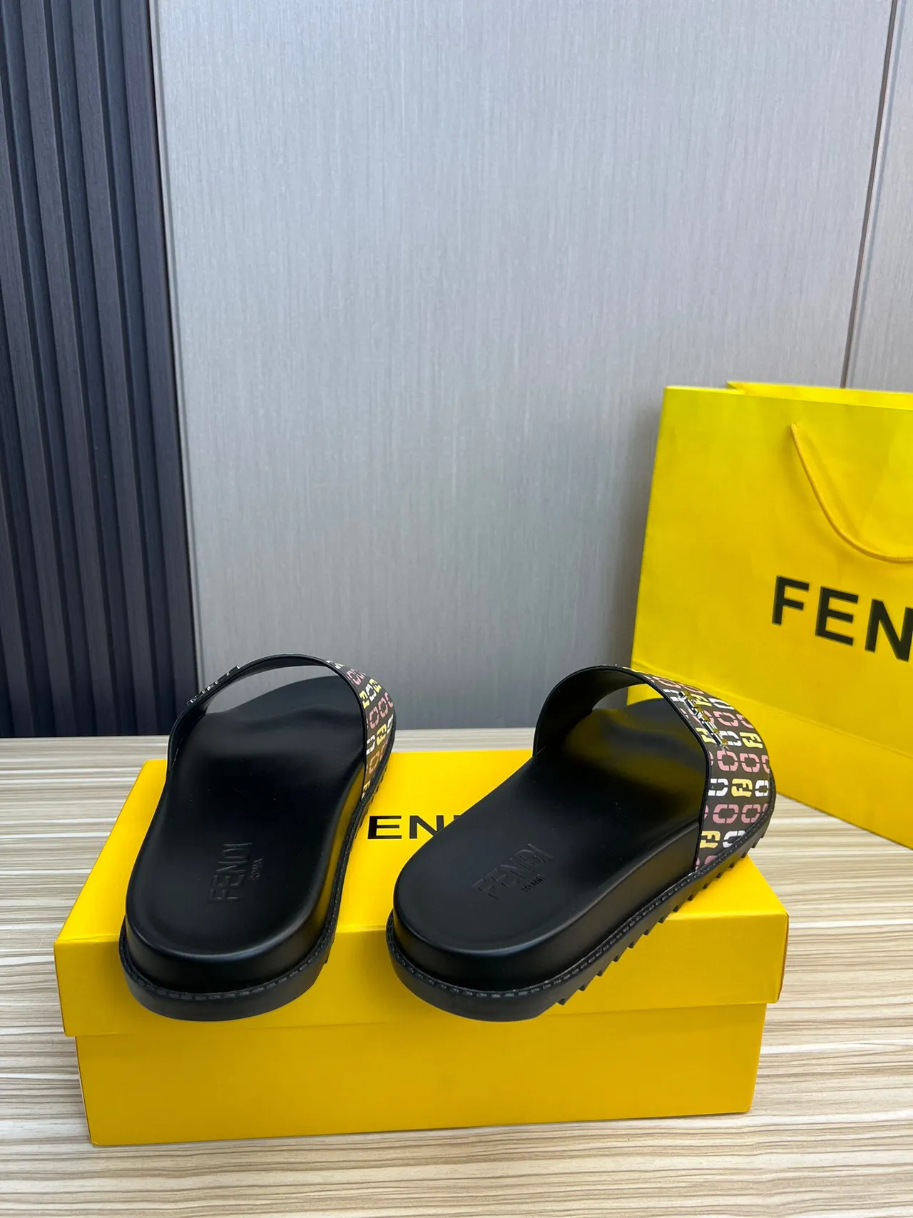 Fendi Black Multicolor Monogram Strap Metal Logo Plaque Slippers 5
