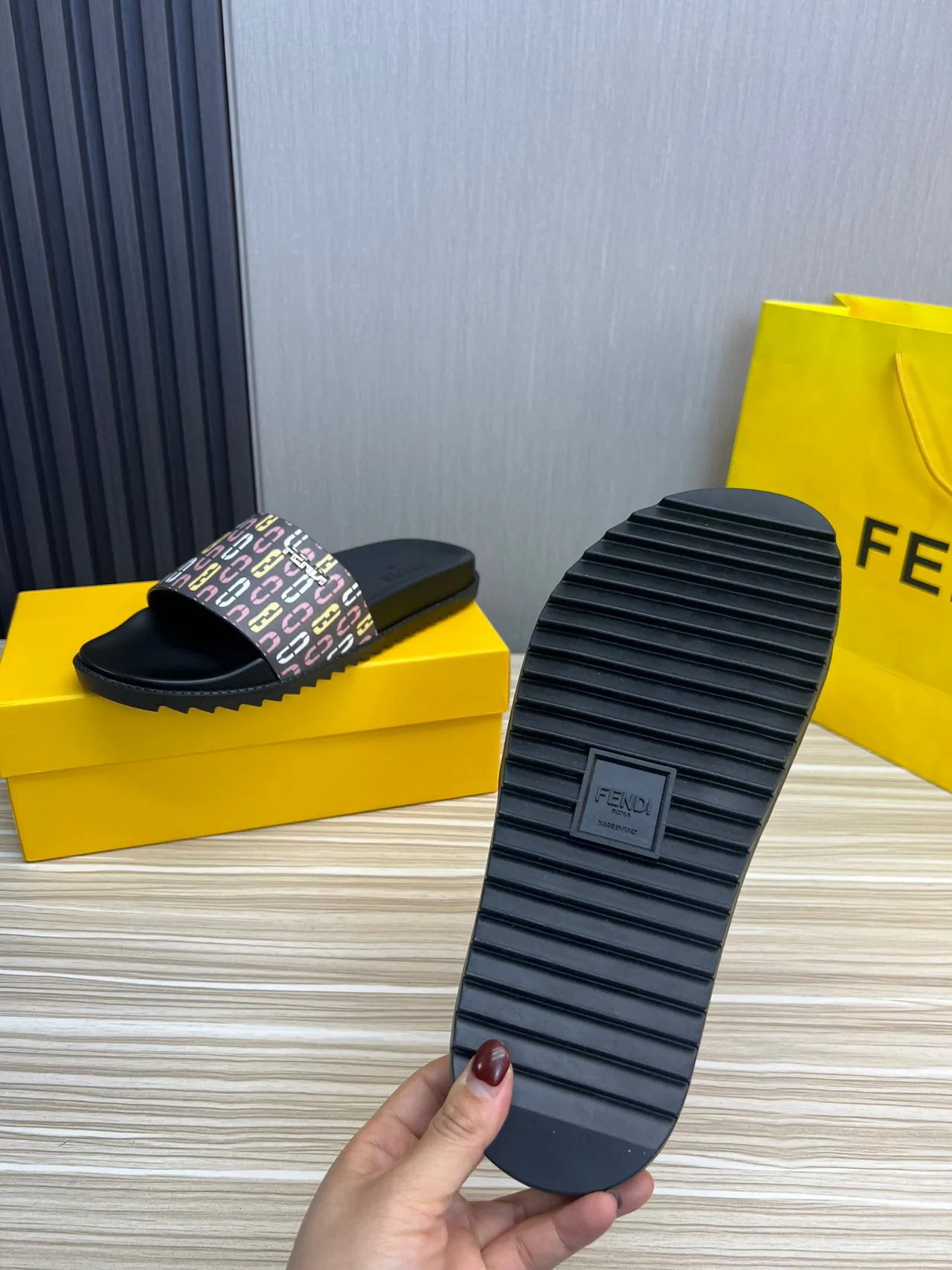 Fendi Black Multicolor Monogram Strap Metal Logo Plaque Slippers 8