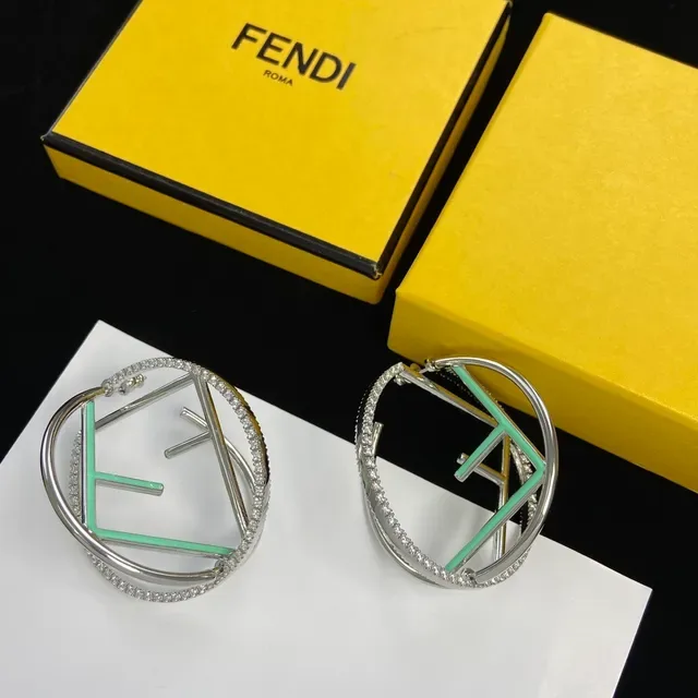 Fendi FF Hoop Argent Vert Double Pavé Bordure Cristal Boucles d'Oreilles 3