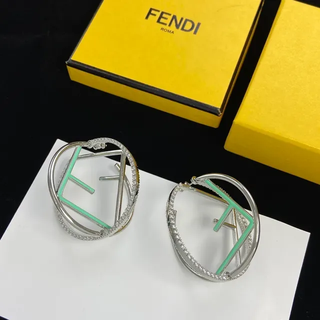 Fendi FF Hoop Argent Vert Double Pavé Bordure Cristal Boucles d'Oreilles 4