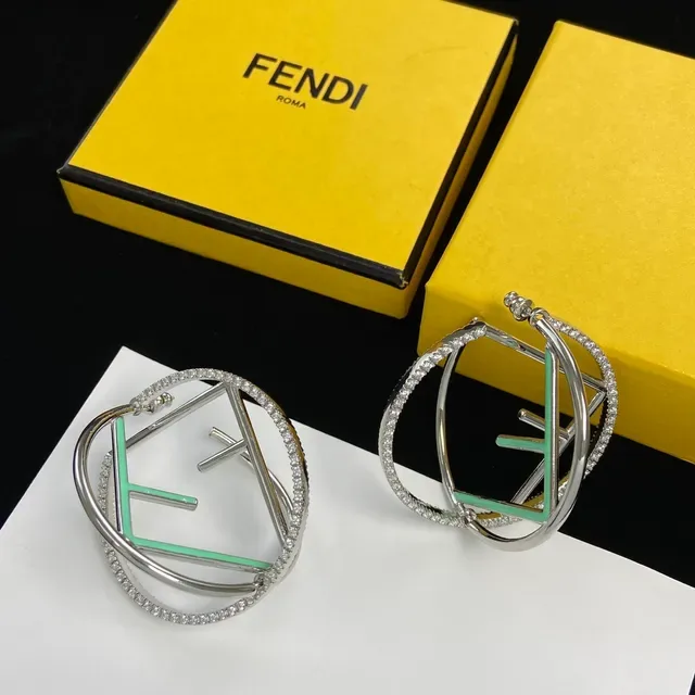 Fendi FF Hoop Argent Vert Double Pavé Bordure Cristal Boucles d'Oreilles 5