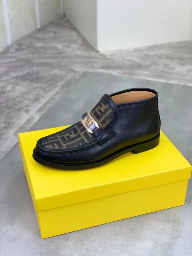 Fendi FF Mocassin Noir Marron Cuir Monogram Tissu Vamp Mocassin 4