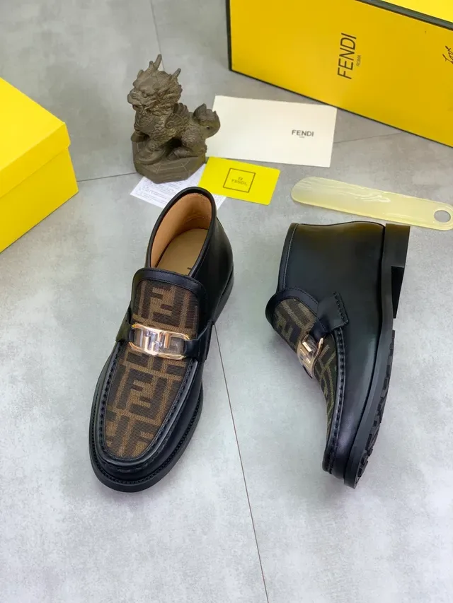 Fendi FF Mocassin Noir Marron Cuir Monogram Tissu Vamp Mocassin 5