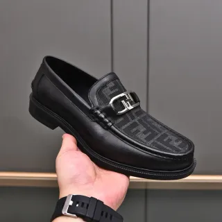 Fendi FF Loafer Black Silver Leather And Monogram Canvas Metal Horsebit Buckle Loafer
