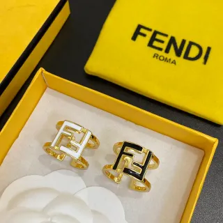 Fendi FF Logo Ring Gold Tone White and Black Enamel Rings
