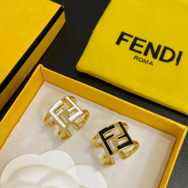 Fendi FF Logo anneaux ton doré blanc et noir émaillé 6