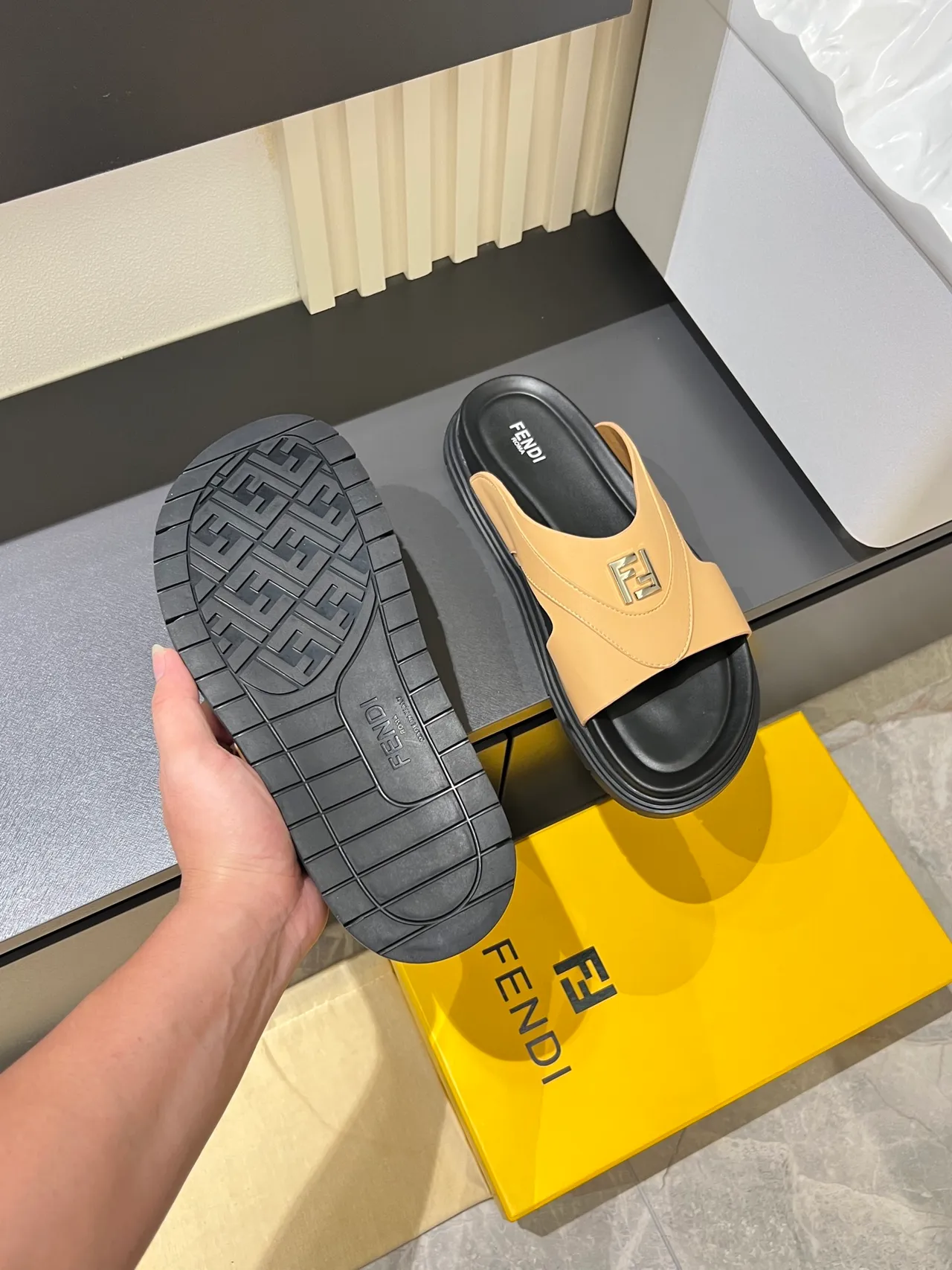Fendi FF Slide Beige and Black Platform Slippers 4