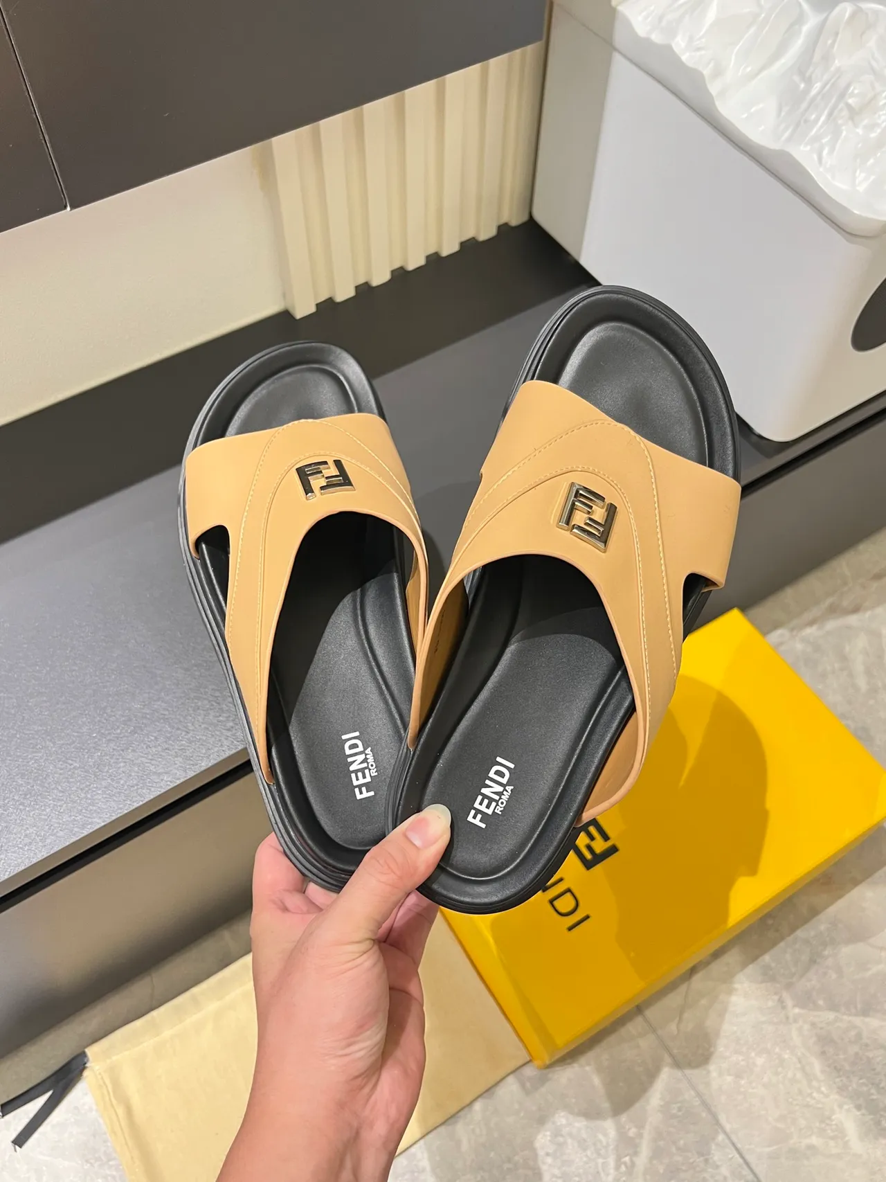 Fendi FF Slide Beige and Black Platform Slippers 5