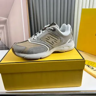 Fendi First Beige and Gray Embossed FF Logo Chunky Sneakers