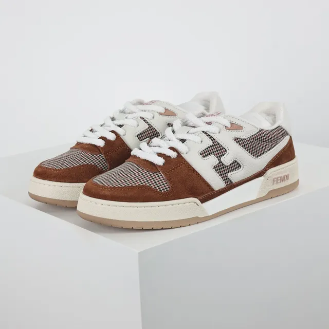 Fendi First Brown Beige Mixed-Material Houndstooth Panel Lifestyle Sneakers 2