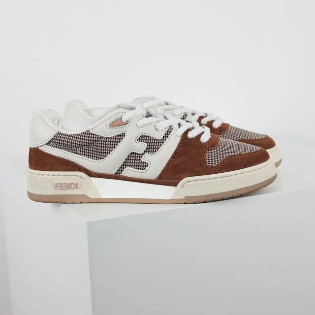 Fendi First Brown Beige Mixed-Material Houndstooth Panel Lifestyle Sneakers 3