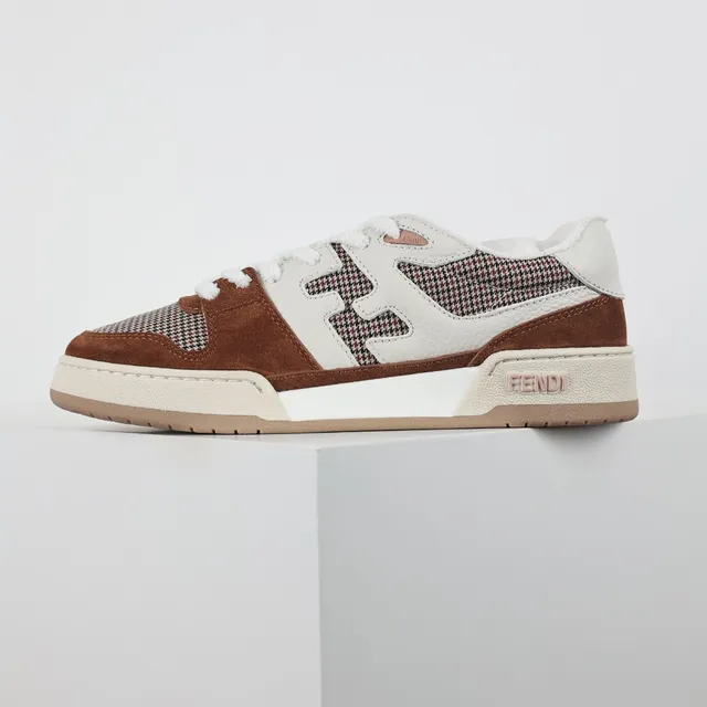 Fendi First Brown Beige Mixed-Material Houndstooth Panel Lifestyle Sneakers 9