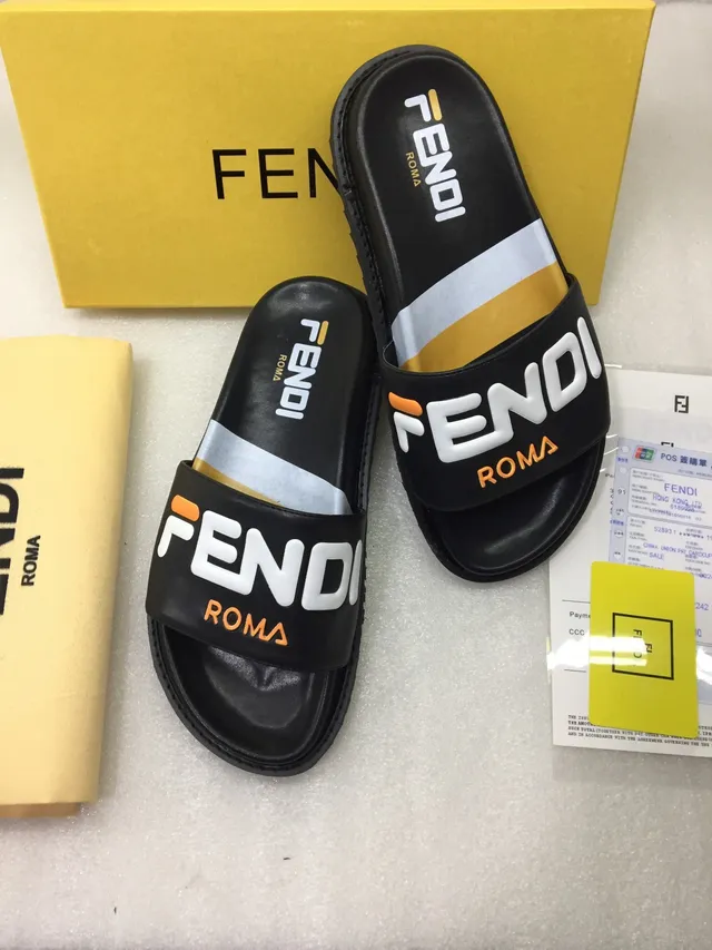 Fendi Logo Slide Black White Strap Bold Typography Slippers 5