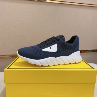 Fendi Navy White Knit Upper Sculpted Ridged Midsole Lifestyle Sneakers