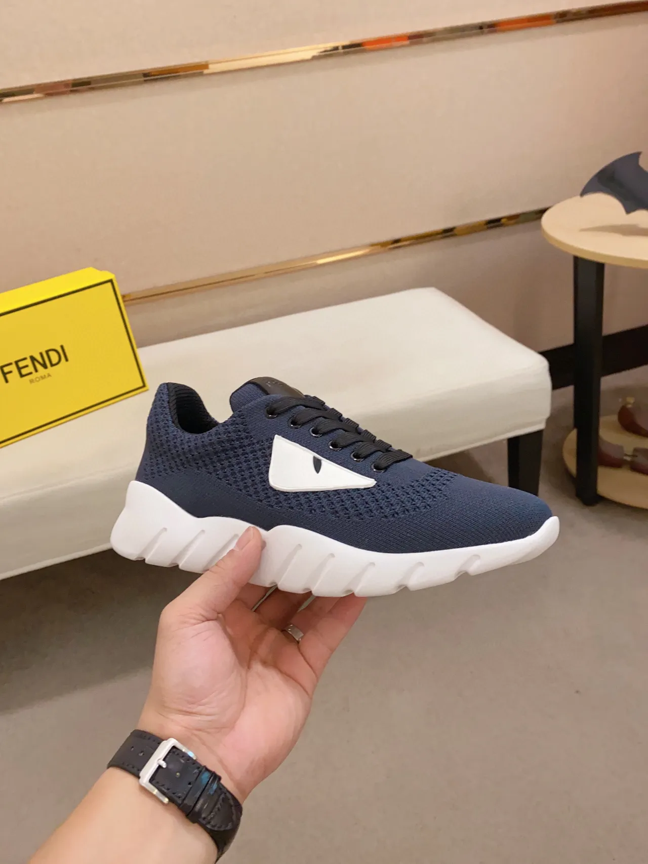 Fendi Marine Blanc Tricoté Supérieur Sculpté Rainuré Semelle Intermédiaire Sneakers Lifestyle 7