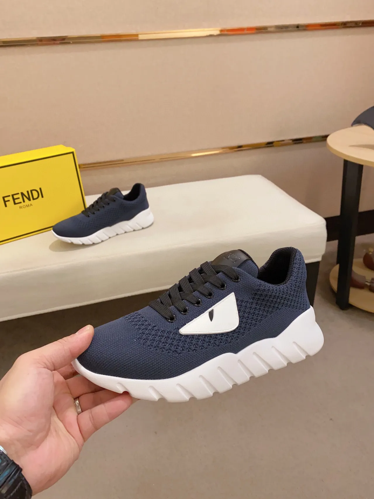 Fendi Marine Blanc Tricoté Supérieur Sculpté Rainuré Semelle Intermédiaire Sneakers Lifestyle 8